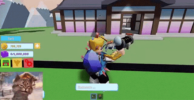 a person is playing a video game in front of a house and a cat .