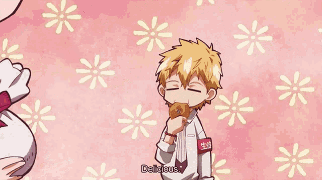 a cartoon of a boy eating a donut with the words " delicious " below him