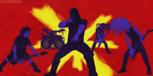 a group of people are playing guitars and drums in front of a red and yellow background .