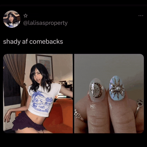 a picture of a woman sitting on a couch next to a picture of nails