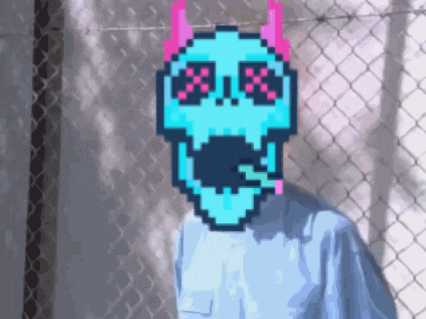 a pixel art of a skull with horns and a cigarette in its mouth
