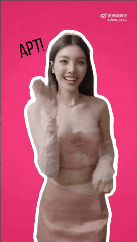 a woman in a pink top and skirt is standing in front of a pink background with lightning bolts and says " apti " on it