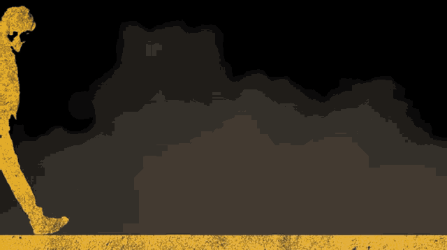 a silhouette of a person wearing a gas mask walks across a yellow line