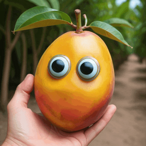 a person is holding a mango with big googly eyes