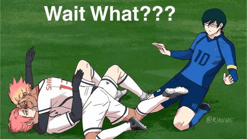 a cartoon of two soccer players on a field with the words `` wait what '' written above them .