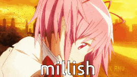 a picture of a girl with pink hair and the words millish on the bottom