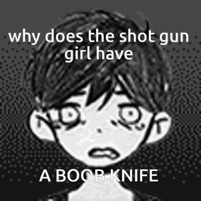 why does the shot gun girl have a boob knife written in white