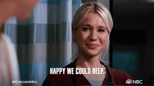 a woman with a stethoscope around her neck is smiling and says happy we could help