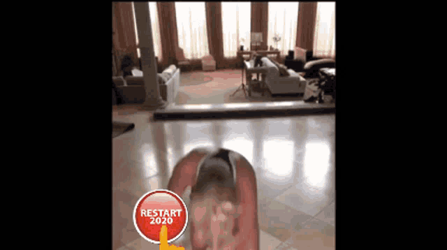 a man is kneeling down in a living room with a red button that says " restart 2020 "