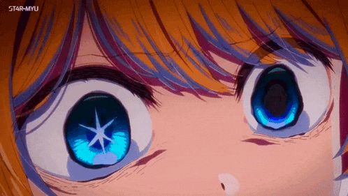 a close up of a girl 's eyes with the words star-myu on the bottom
