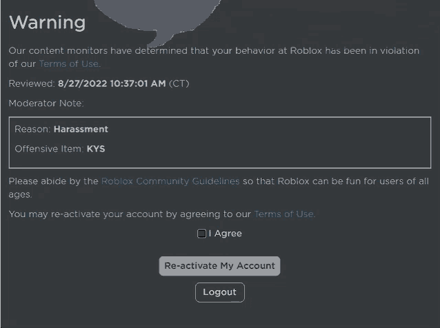 a screen shot of a warning on a roblox website