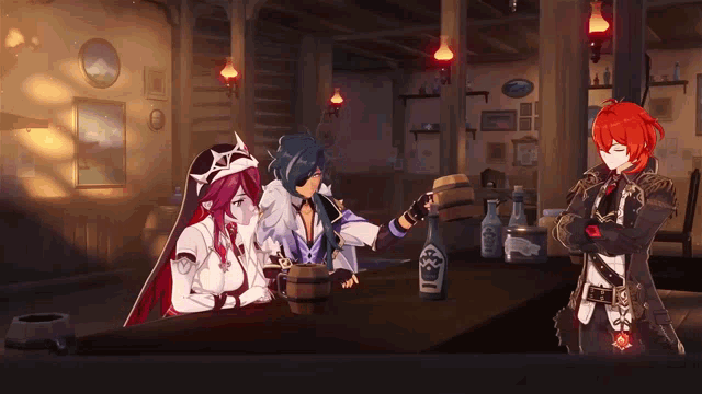 a couple of anime characters sitting at a table with a bottle of alcohol that says ' samurai ' on it