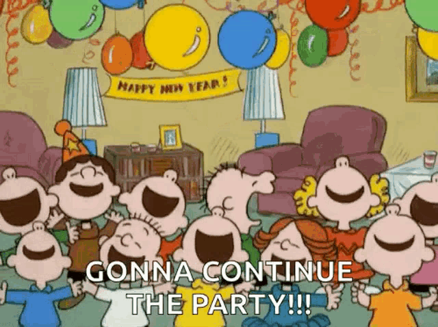 a group of peanuts characters are standing in a living room with balloons and a banner that says happy new year .