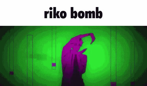 a purple and green silhouette of a person with the words `` riko bomb '' written on it .