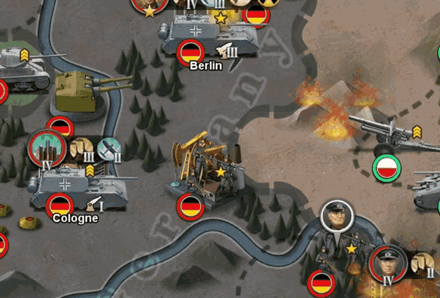 a map of a battlefield with berlin and cologne in red circles