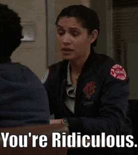 a woman pointing at a man with the words you 're ridiculous on the bottom