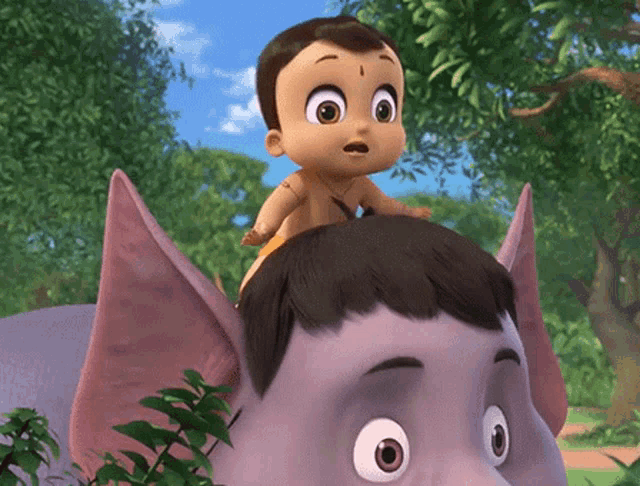a cartoon baby is sitting on top of an elephant 's back