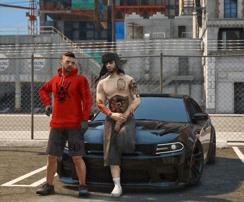two men standing next to a car with a sign that says parking