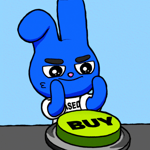 a cartoon bunny is pressing a green button that says buy