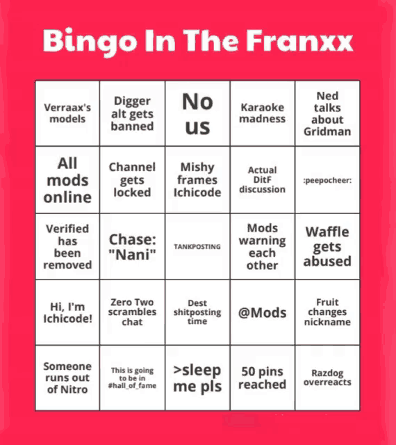 a bingo card that says bingo in the franxxx on it