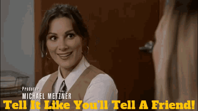a woman talking to another woman with the words tell it like you 'll tell a friend below her