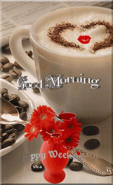 a cup of coffee with a heart drawn on it and the words good morning happy week