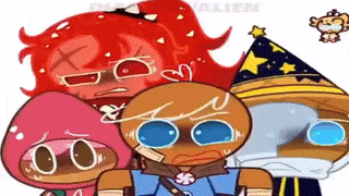 a group of cartoon characters are standing next to each other and looking at the camera .