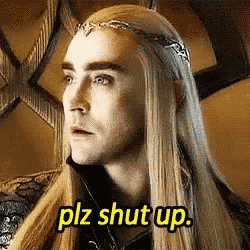 a man with long blonde hair and a crown on his head says ' plz shut up . '