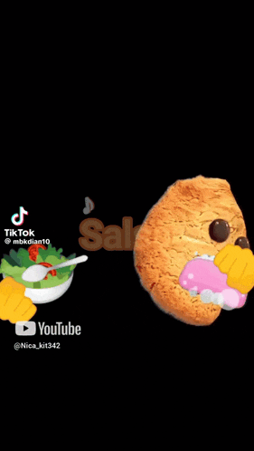 a cookie with a face on it is eating a salad