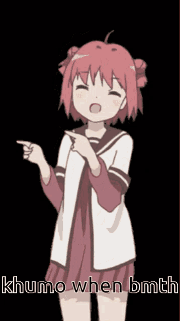 a girl with pink hair is pointing at something and the words khumo when bmth are written below her
