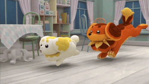 two stuffed animals are running in a living room with a table and chairs