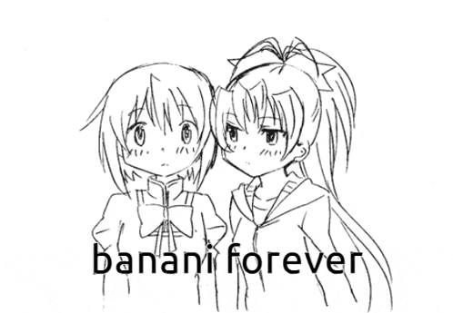 a black and white drawing of two girls with the words " banani forever " underneath them
