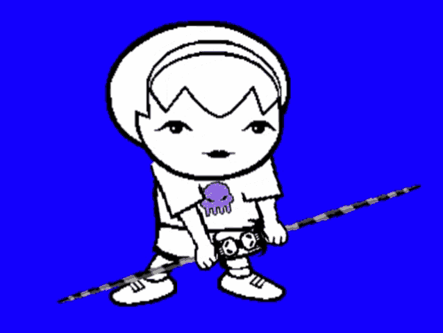 a black and white drawing of a girl with a purple skull on her shirt