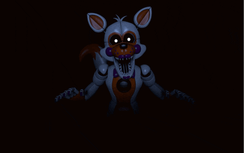 a robotic fox with a purple bow tie is standing in a dark room