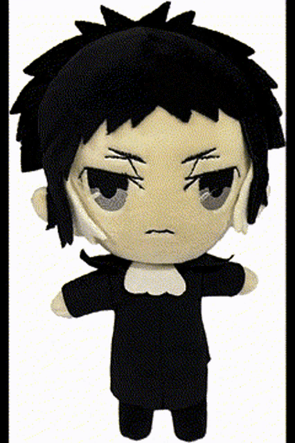 a stuffed animal with a black haired character with a serious look on his face