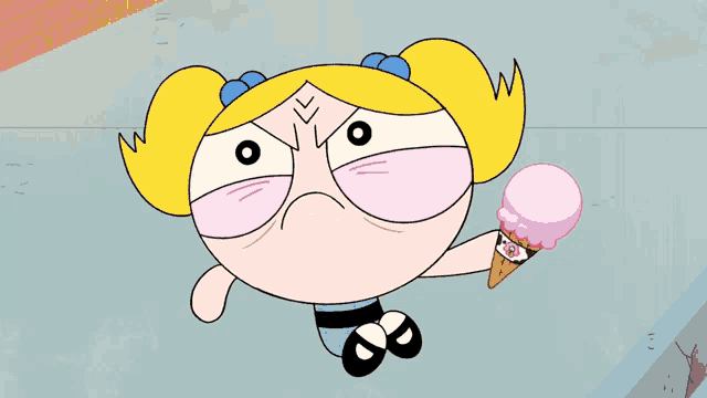 bubbles from the powerpuff girls is holding an ice cream cone and making an angry face
