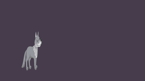 a cartoon drawing of a gray wolf with a purple background