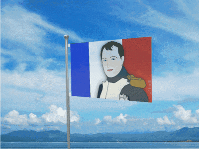 a flag with a picture of napoleon on it is flying in the wind