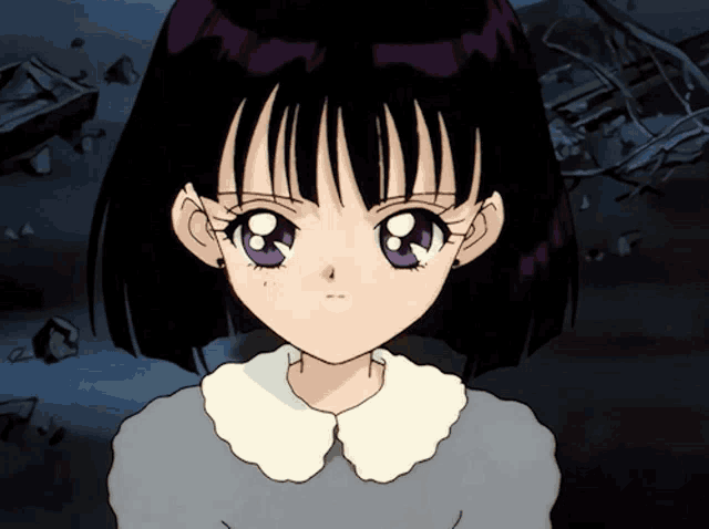 a girl with short black hair and purple eyes is wearing a white collared shirt
