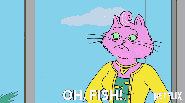 a pink cat says oh fish in a netflix advertisement