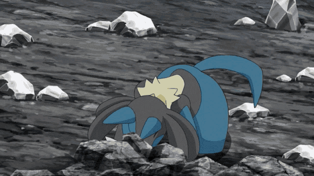 a black and white cartoon of a pokemon laying on a pile of rocks