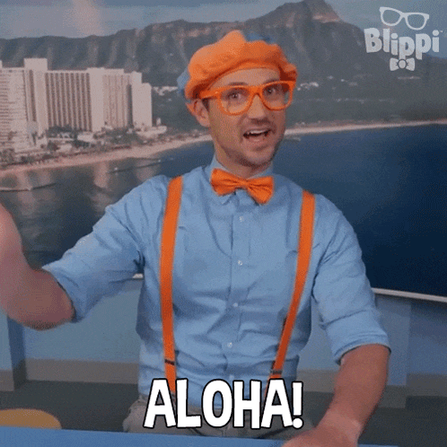 a man wearing a blue shirt and orange suspenders is saying aloha