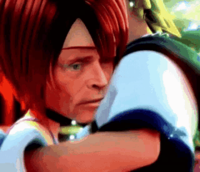 a cartoon character with red hair is hugging another person