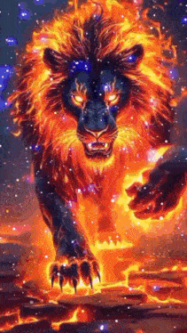 a lion with a fire mane is walking on a rock in the dark .