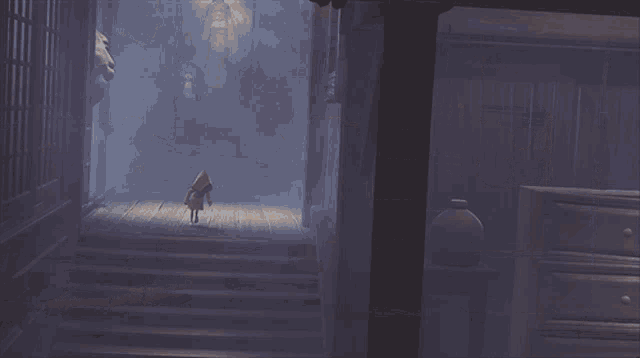 a video game scene with a few characters and a shelf with bottles on it