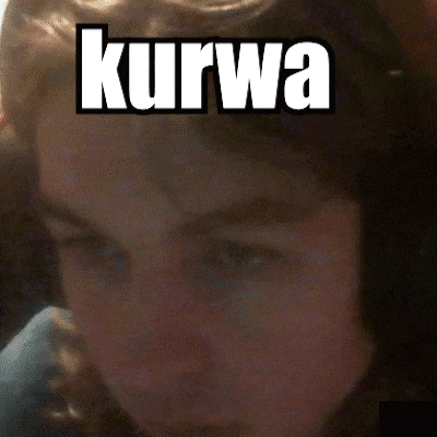 a close up of a person 's face with the word kurwa written above it