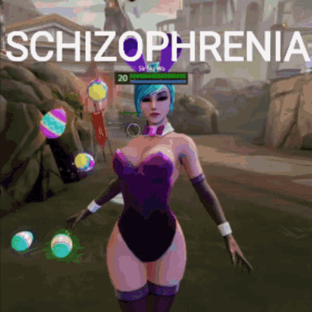a woman in a bunny costume is juggling easter eggs in a video game with the words schizophrenia on the bottom