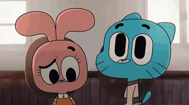 two cartoon characters are standing next to each other with their eyes closed