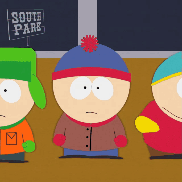 three south park characters are standing in front of a sign
