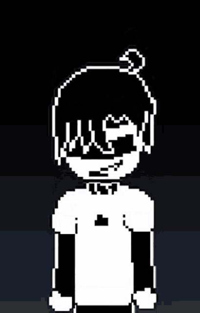 a pixel art of a boy wearing a white shirt and black pants